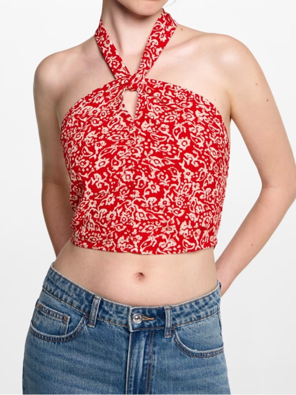 NWT Mango Printed Halter Top, Red Floral, Size S Teen (Fits XS/S)